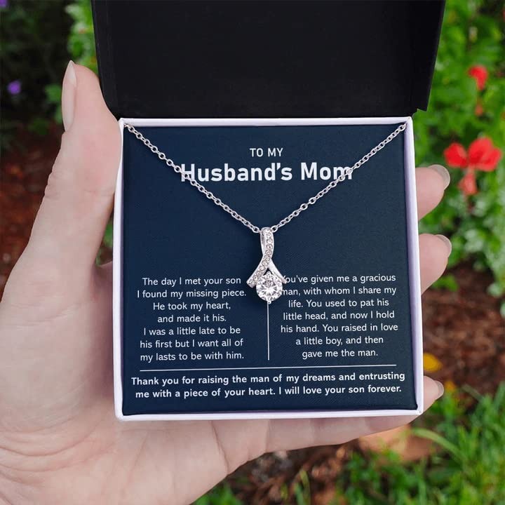 To my Husband's Mom Necklace Thank You For Raising The Man Of My Dreams Gifts For Boyfriends Mom, Mom Necklace Gift On Birthday, Christmas, Thanksgiving, Valentines, Mother's Day With Message Card and Gift Box