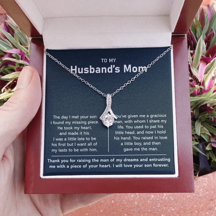 To my Husband's Mom Necklace Thank You For Raising The Man Of My Dreams Gifts For Boyfriends Mom, Mom Necklace Gift On Birthday, Christmas, Thanksgiving, Valentines, Mother's Day With Message Card and Gift Box