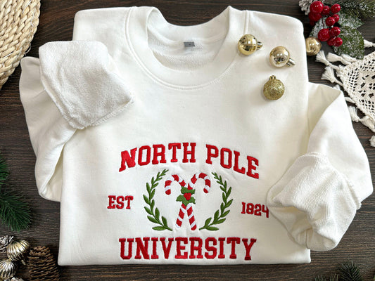 North Pole University Embroidered Sweatshirt, Christmas Embroidery,Christmas Embroidered Hoodie, Christmas Candy Sweater,Christmas Gift