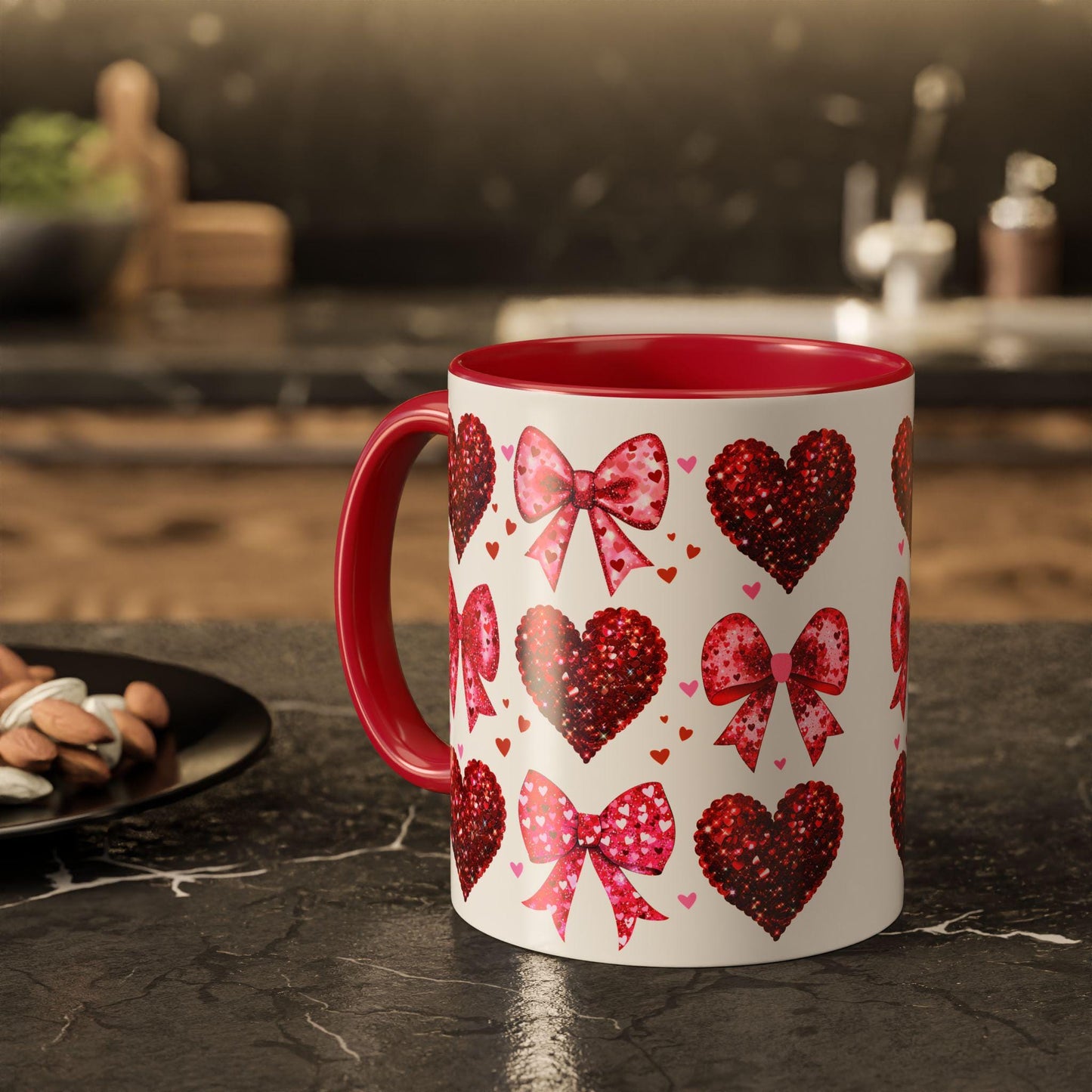 Valentines Day Mug, Coquette Hearts Bows Red Glitter Valentines Gift, Colorful Mug, Coffee Cup, Tea Mug, Hot Chocolate Mug, Gift for Her