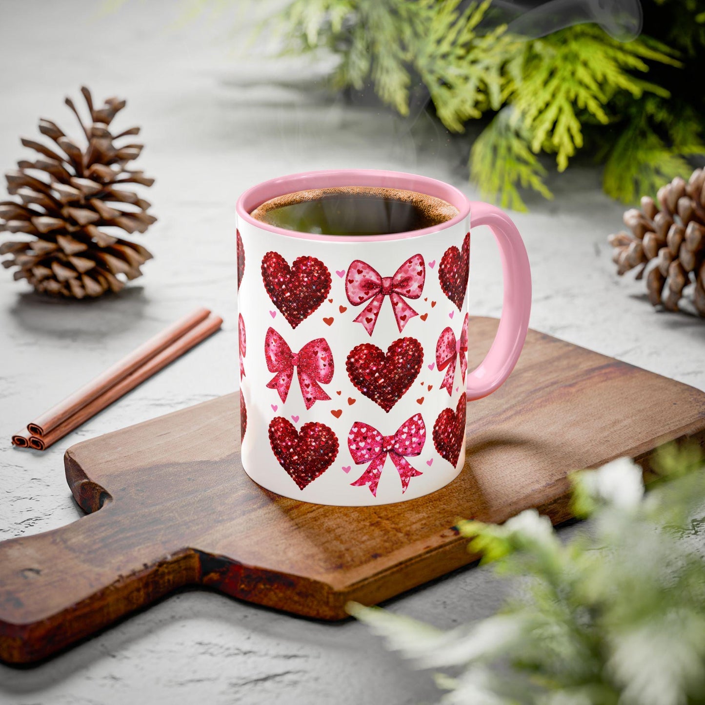 Valentines Day Mug, Coquette Hearts Bows Red Glitter Valentines Gift, Colorful Mug, Coffee Cup, Tea Mug, Hot Chocolate Mug, Gift for Her