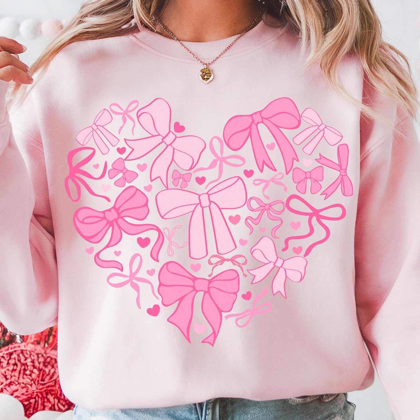 Coquette Valentine Heart Sweatshirt, Valentines Day Sweatshirt, Valentine Bow Sweatshirt, Pink Valentine