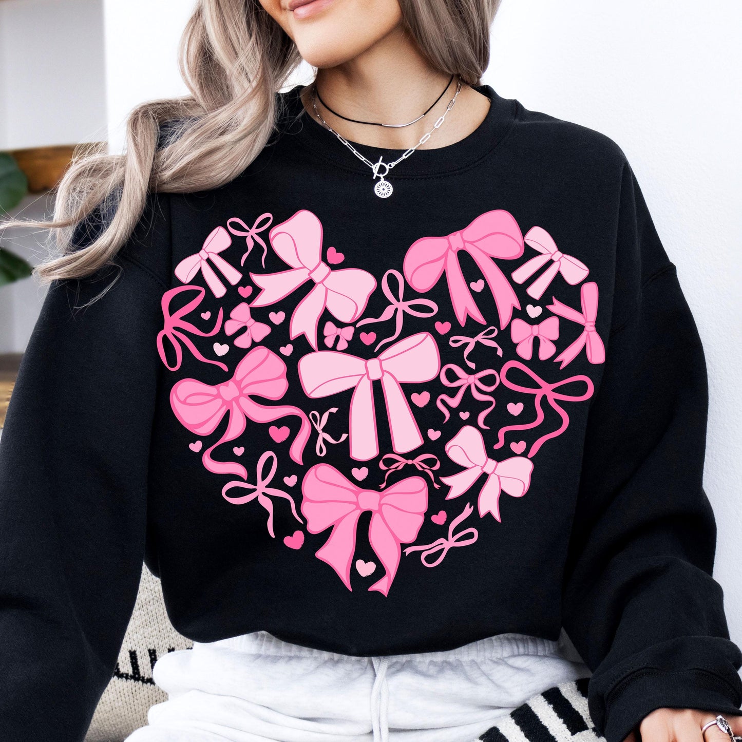 Coquette Valentine Heart Sweatshirt, Valentines Day Sweatshirt, Valentine Bow Sweatshirt, Pink Valentine