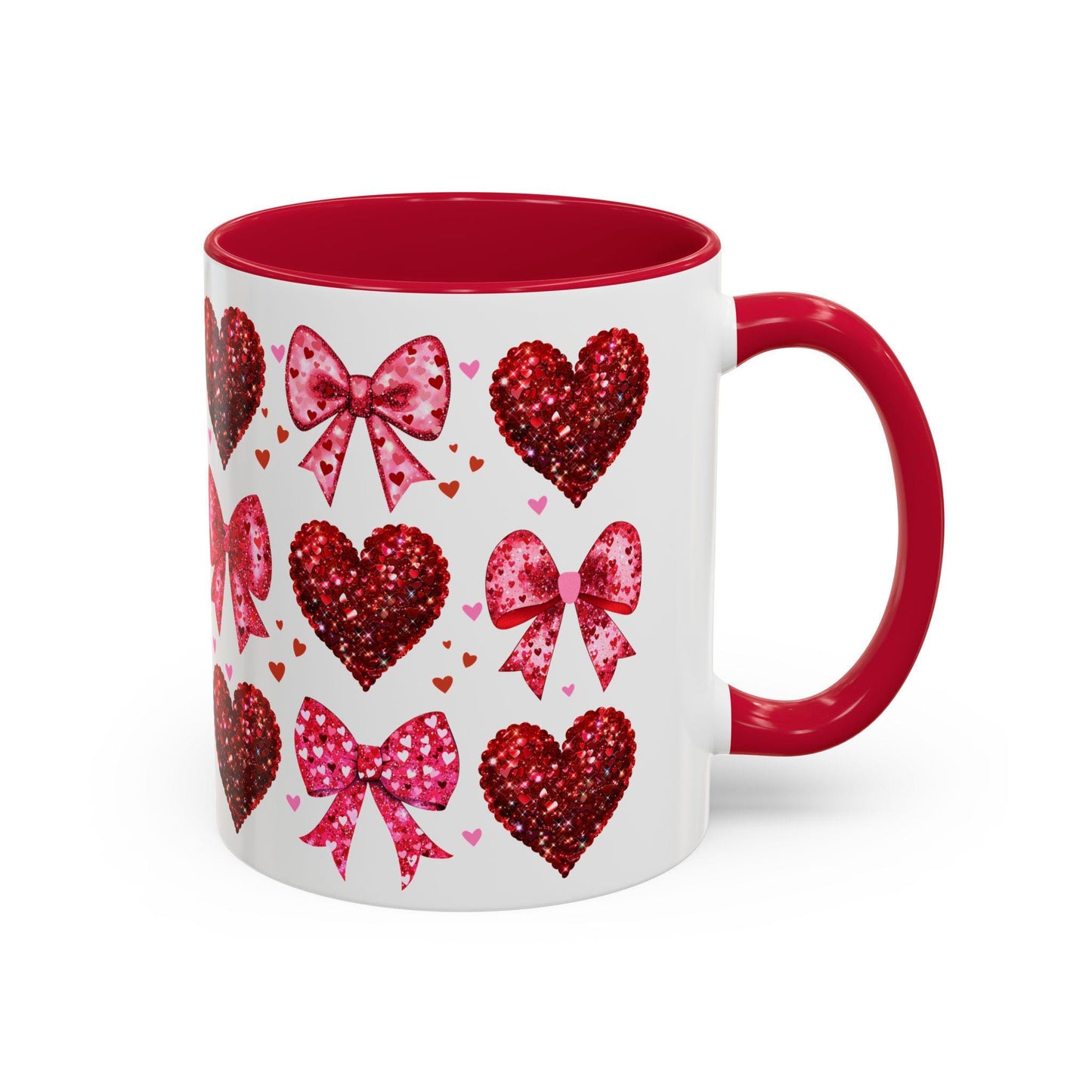 Valentines Day Mug, Coquette Hearts Bows Red Glitter Valentines Gift, Colorful Mug, Coffee Cup, Tea Mug, Hot Chocolate Mug, Gift for Her