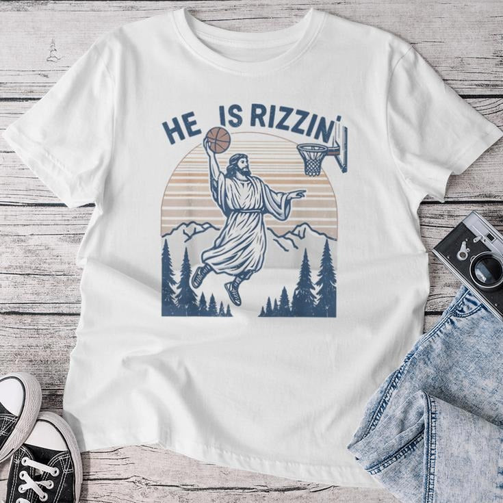 He Is Rizzin' Funny Jesus Playing Basketball Shirt, Retro Y2K Christian Faith Tee, Humor Easter Shirt, Easter Gift, Hilarious Holiday Apparel