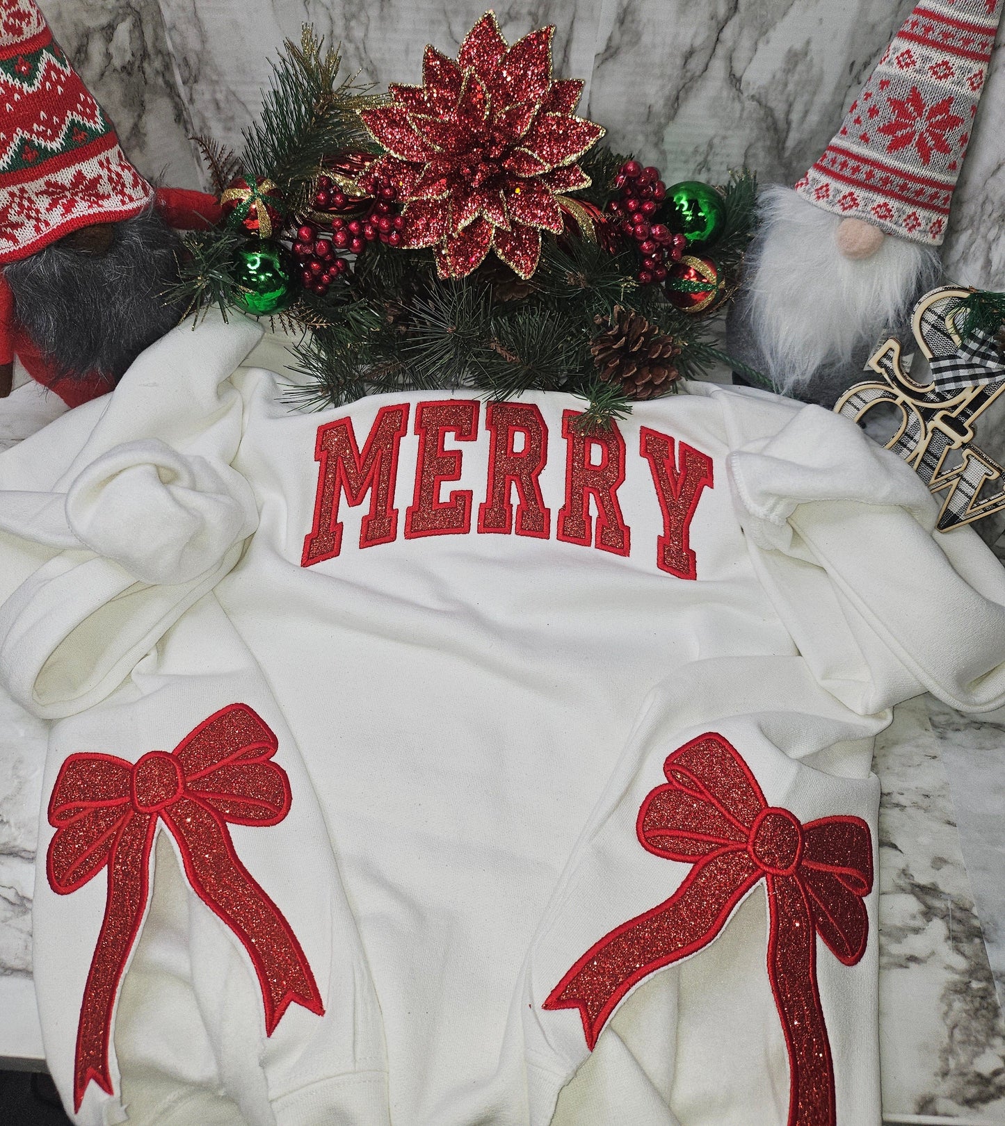 Merry and Bright Embroidered Bow Sweatshirt Side Bow Applique Sweatshirt Christmas Bow Sweatshirt Glitter Christmas Sweatshirt